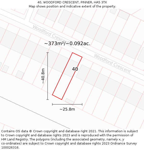 40, WOODFORD CRESCENT, PINNER, HA5 3TX: Plot and title map