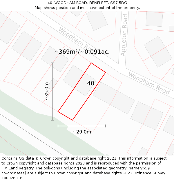 40, WOODHAM ROAD, BENFLEET, SS7 5DG: Plot and title map