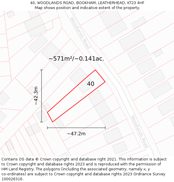 40, WOODLANDS ROAD, BOOKHAM, LEATHERHEAD, KT23 4HF: Plot and title map