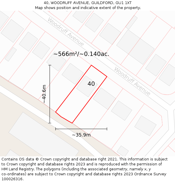 40, WOODRUFF AVENUE, GUILDFORD, GU1 1XT: Plot and title map