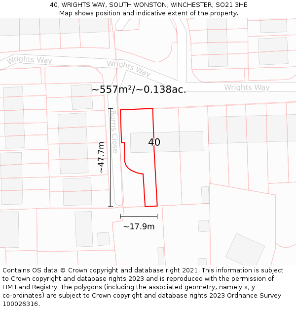 40, WRIGHTS WAY, SOUTH WONSTON, WINCHESTER, SO21 3HE: Plot and title map