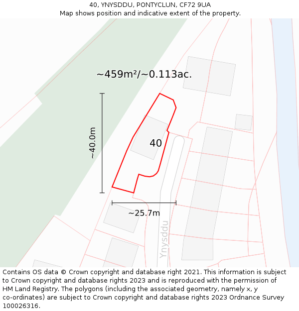 40, YNYSDDU, PONTYCLUN, CF72 9UA: Plot and title map