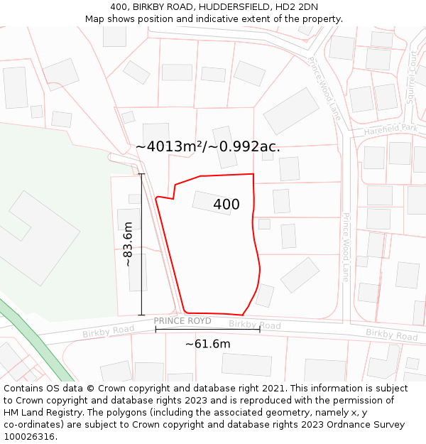 400, BIRKBY ROAD, HUDDERSFIELD, HD2 2DN: Plot and title map