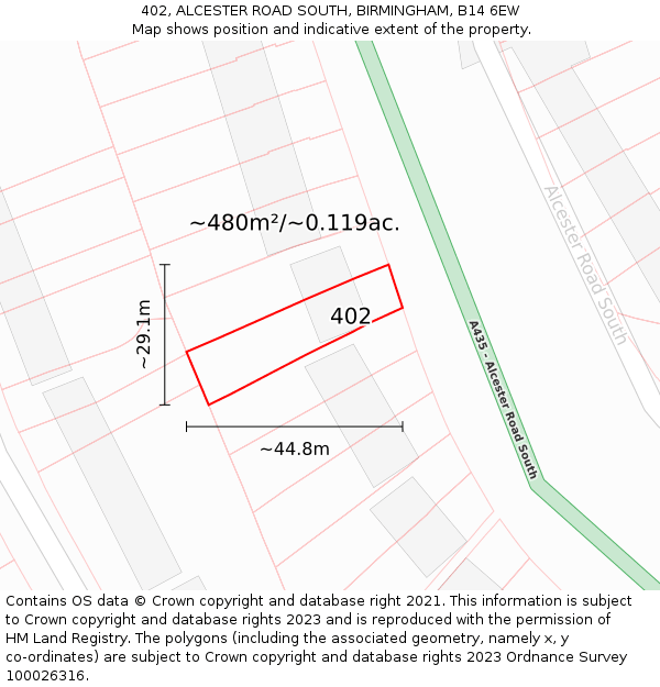 402, ALCESTER ROAD SOUTH, BIRMINGHAM, B14 6EW: Plot and title map