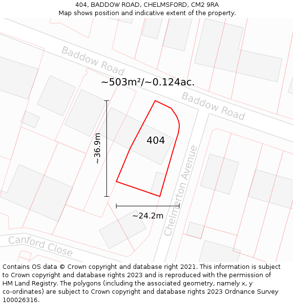 404, BADDOW ROAD, CHELMSFORD, CM2 9RA: Plot and title map