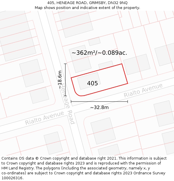 405, HENEAGE ROAD, GRIMSBY, DN32 9NQ: Plot and title map