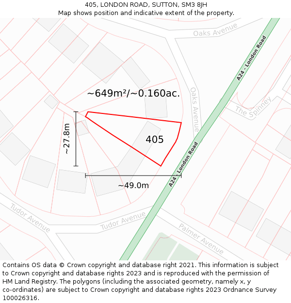 405, LONDON ROAD, SUTTON, SM3 8JH: Plot and title map