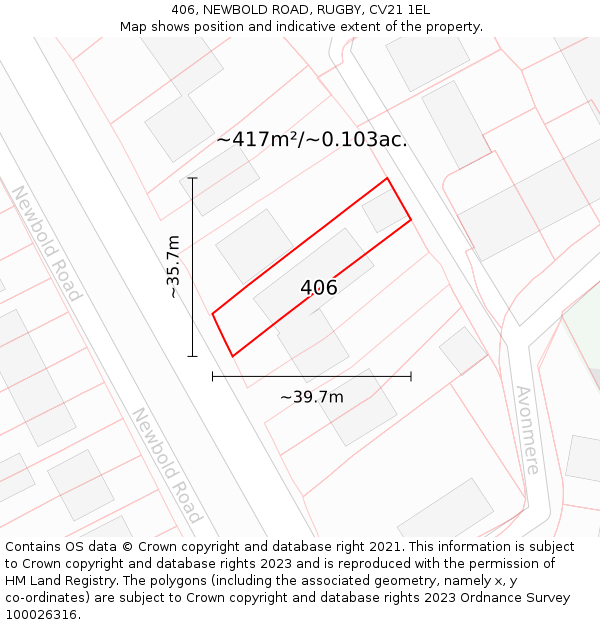 406, NEWBOLD ROAD, RUGBY, CV21 1EL: Plot and title map