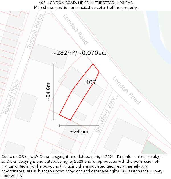 407, LONDON ROAD, HEMEL HEMPSTEAD, HP3 9AR: Plot and title map