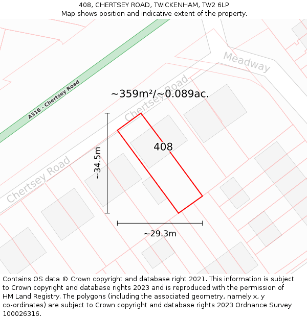 408, CHERTSEY ROAD, TWICKENHAM, TW2 6LP: Plot and title map