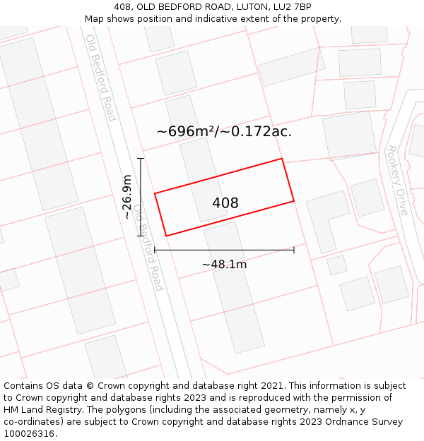 408, OLD BEDFORD ROAD, LUTON, LU2 7BP: Plot and title map