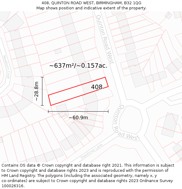 408, QUINTON ROAD WEST, BIRMINGHAM, B32 1QG: Plot and title map