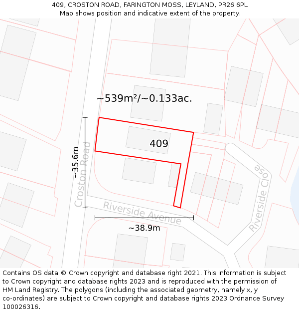 409, CROSTON ROAD, FARINGTON MOSS, LEYLAND, PR26 6PL: Plot and title map