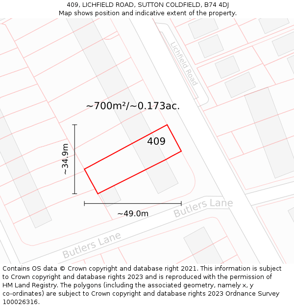 409, LICHFIELD ROAD, SUTTON COLDFIELD, B74 4DJ: Plot and title map