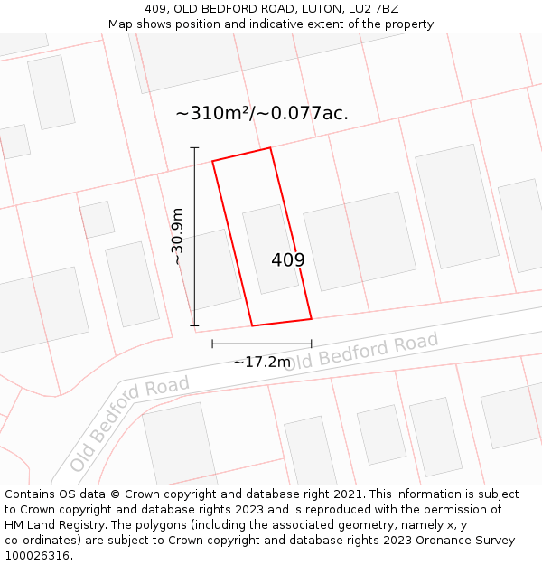 409, OLD BEDFORD ROAD, LUTON, LU2 7BZ: Plot and title map