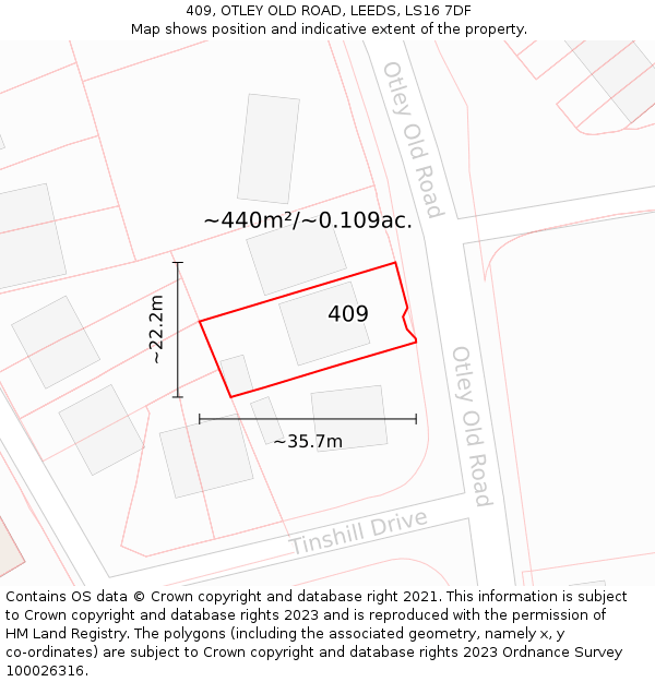 409, OTLEY OLD ROAD, LEEDS, LS16 7DF: Plot and title map