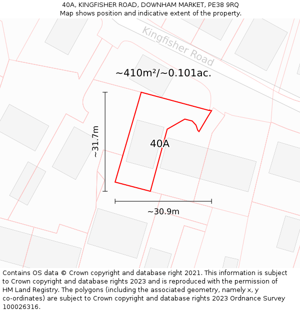 40A, KINGFISHER ROAD, DOWNHAM MARKET, PE38 9RQ: Plot and title map