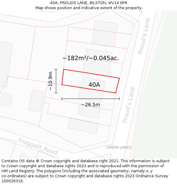 40A, PROUDS LANE, BILSTON, WV14 6PR: Plot and title map