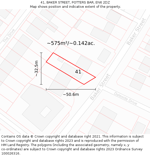 41, BAKER STREET, POTTERS BAR, EN6 2DZ: Plot and title map