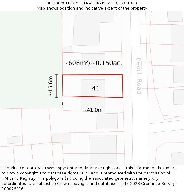 41, BEACH ROAD, HAYLING ISLAND, PO11 0JB: Plot and title map