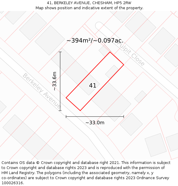 41, BERKELEY AVENUE, CHESHAM, HP5 2RW: Plot and title map