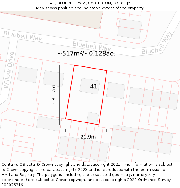 41, BLUEBELL WAY, CARTERTON, OX18 1JY: Plot and title map