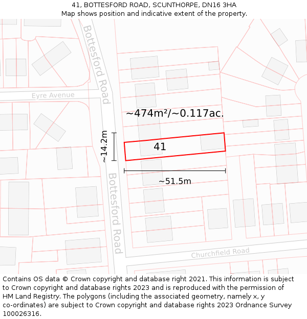 41, BOTTESFORD ROAD, SCUNTHORPE, DN16 3HA: Plot and title map