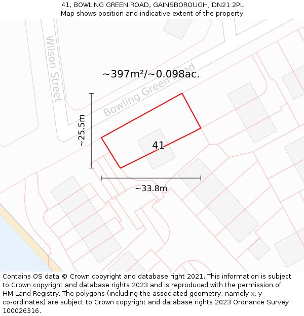 41, BOWLING GREEN ROAD, GAINSBOROUGH, DN21 2PL: Plot and title map