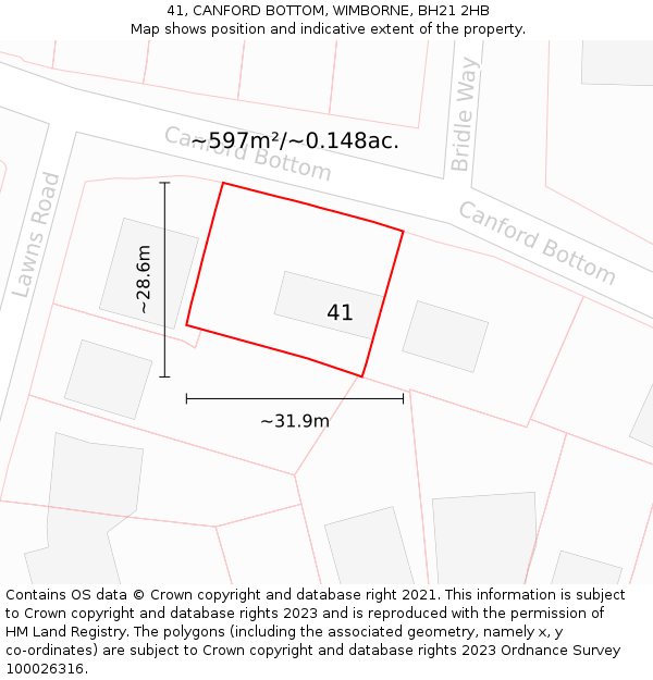 41, CANFORD BOTTOM, WIMBORNE, BH21 2HB: Plot and title map