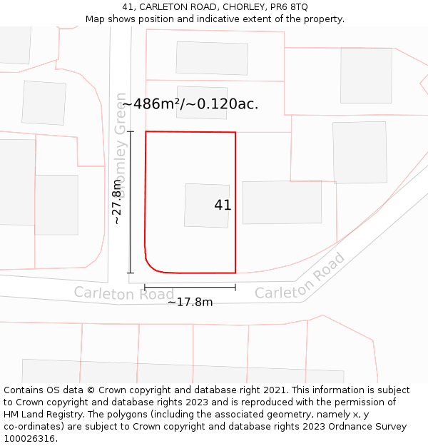 41, CARLETON ROAD, CHORLEY, PR6 8TQ: Plot and title map