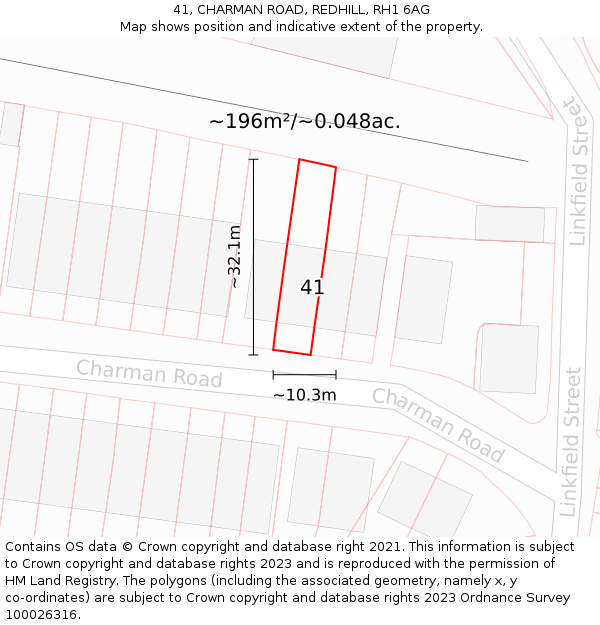 41, CHARMAN ROAD, REDHILL, RH1 6AG: Plot and title map
