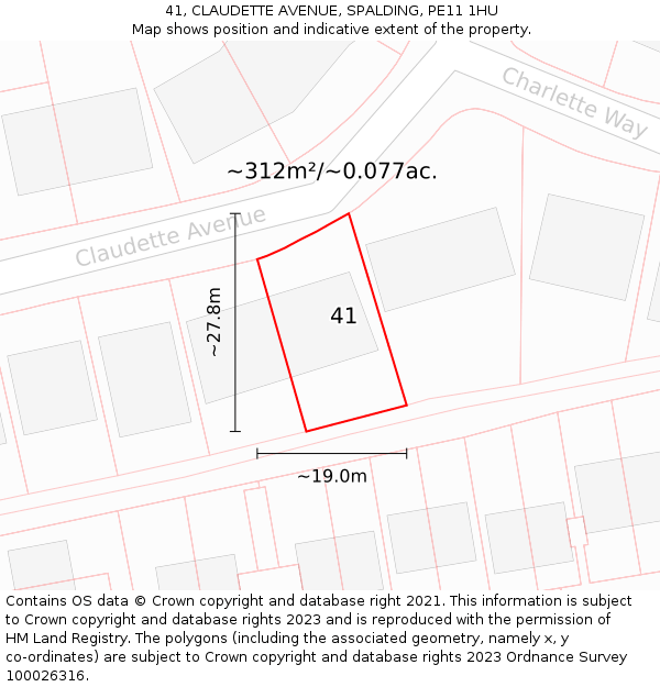 41, CLAUDETTE AVENUE, SPALDING, PE11 1HU: Plot and title map