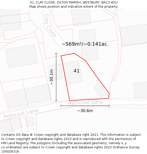 41, CLAY CLOSE, DILTON MARSH, WESTBURY, BA13 4DU: Plot and title map