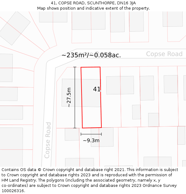 41, COPSE ROAD, SCUNTHORPE, DN16 3JA: Plot and title map