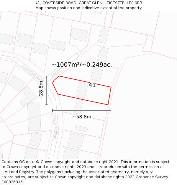 41, COVERSIDE ROAD, GREAT GLEN, LEICESTER, LE8 9EB: Plot and title map