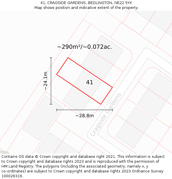 41, CRAGSIDE GARDENS, BEDLINGTON, NE22 5YX: Plot and title map