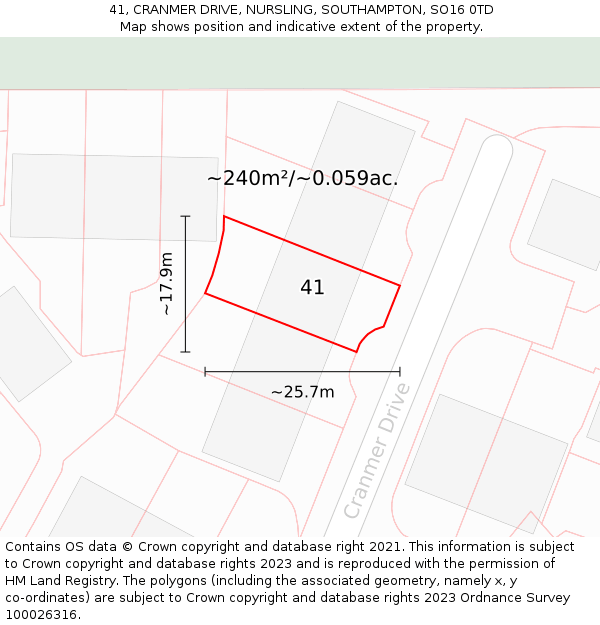 41, CRANMER DRIVE, NURSLING, SOUTHAMPTON, SO16 0TD: Plot and title map