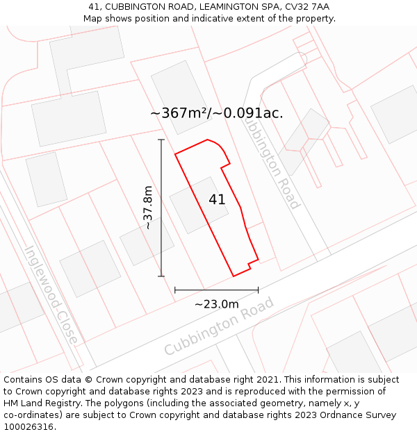 41, CUBBINGTON ROAD, LEAMINGTON SPA, CV32 7AA: Plot and title map