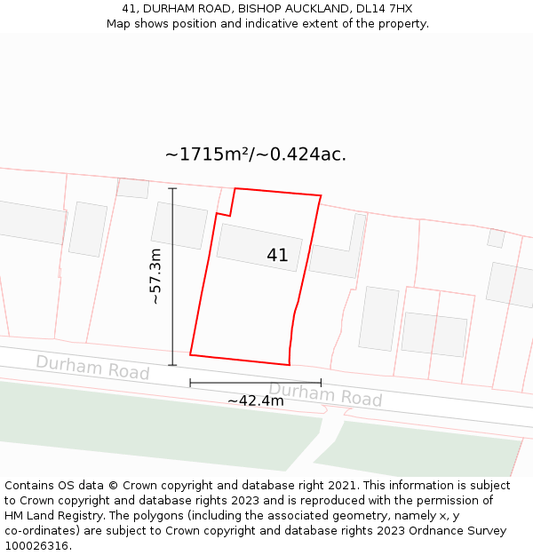 41, DURHAM ROAD, BISHOP AUCKLAND, DL14 7HX: Plot and title map