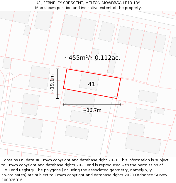 41, FERNELEY CRESCENT, MELTON MOWBRAY, LE13 1RY: Plot and title map