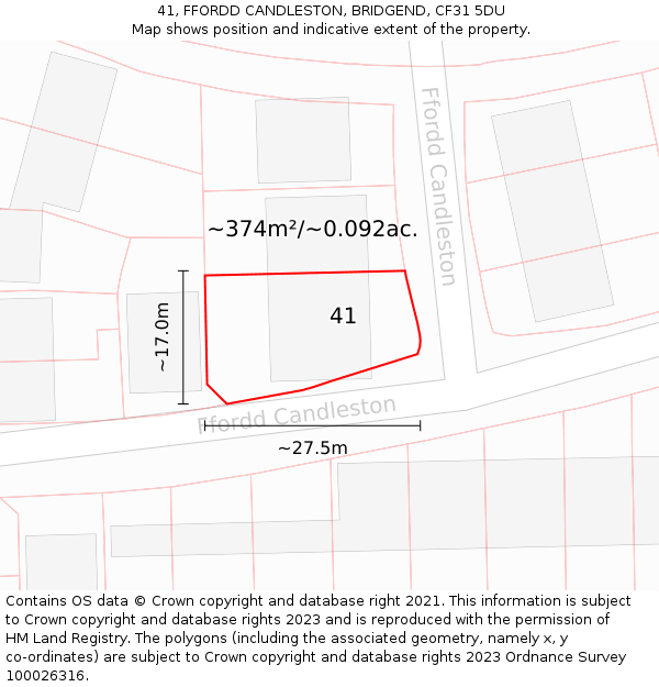 41, FFORDD CANDLESTON, BRIDGEND, CF31 5DU: Plot and title map