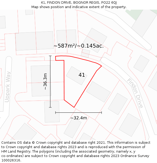 41, FINDON DRIVE, BOGNOR REGIS, PO22 6QJ: Plot and title map