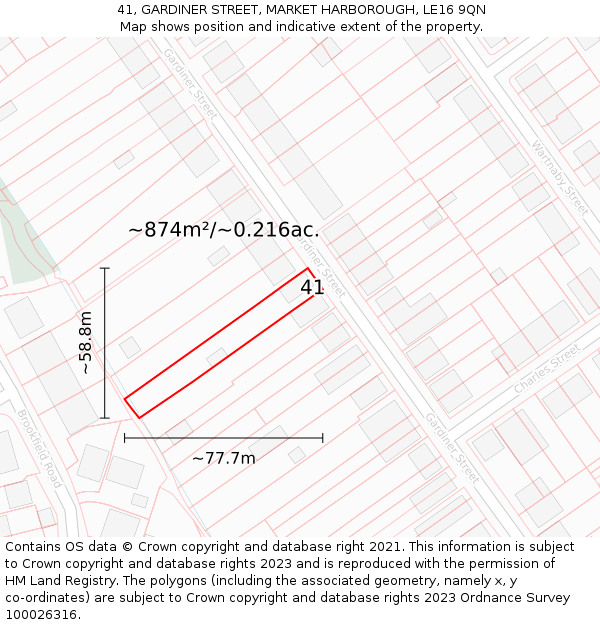41, GARDINER STREET, MARKET HARBOROUGH, LE16 9QN: Plot and title map