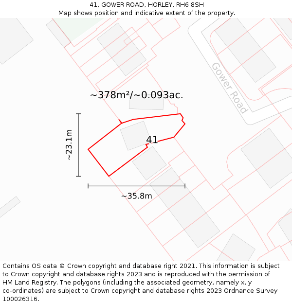 41, GOWER ROAD, HORLEY, RH6 8SH: Plot and title map