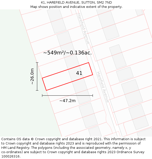 41, HAREFIELD AVENUE, SUTTON, SM2 7ND: Plot and title map