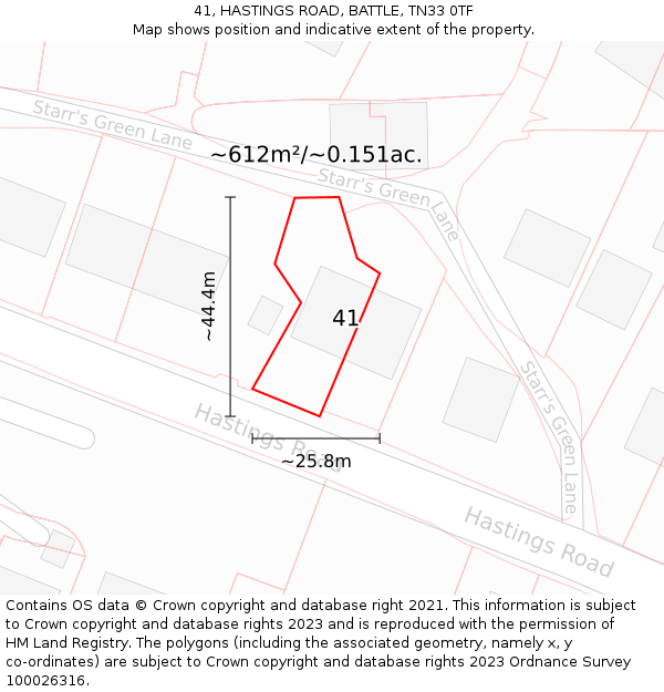 41, HASTINGS ROAD, BATTLE, TN33 0TF: Plot and title map