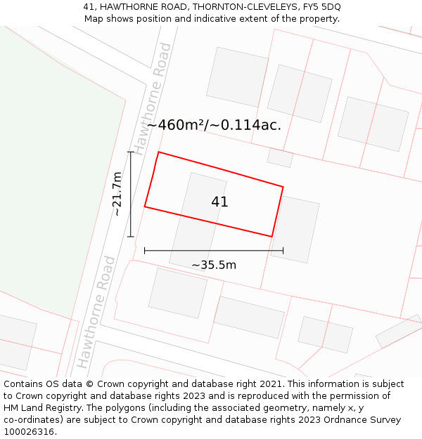 41, HAWTHORNE ROAD, THORNTON-CLEVELEYS, FY5 5DQ: Plot and title map