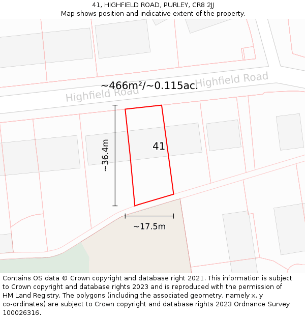 41, HIGHFIELD ROAD, PURLEY, CR8 2JJ: Plot and title map