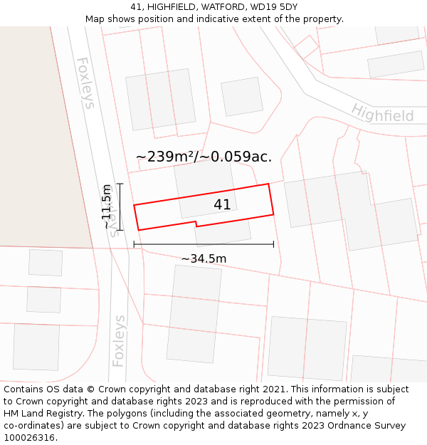 41, HIGHFIELD, WATFORD, WD19 5DY: Plot and title map