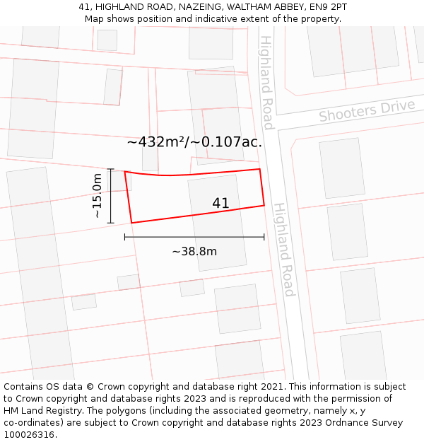 41, HIGHLAND ROAD, NAZEING, WALTHAM ABBEY, EN9 2PT: Plot and title map